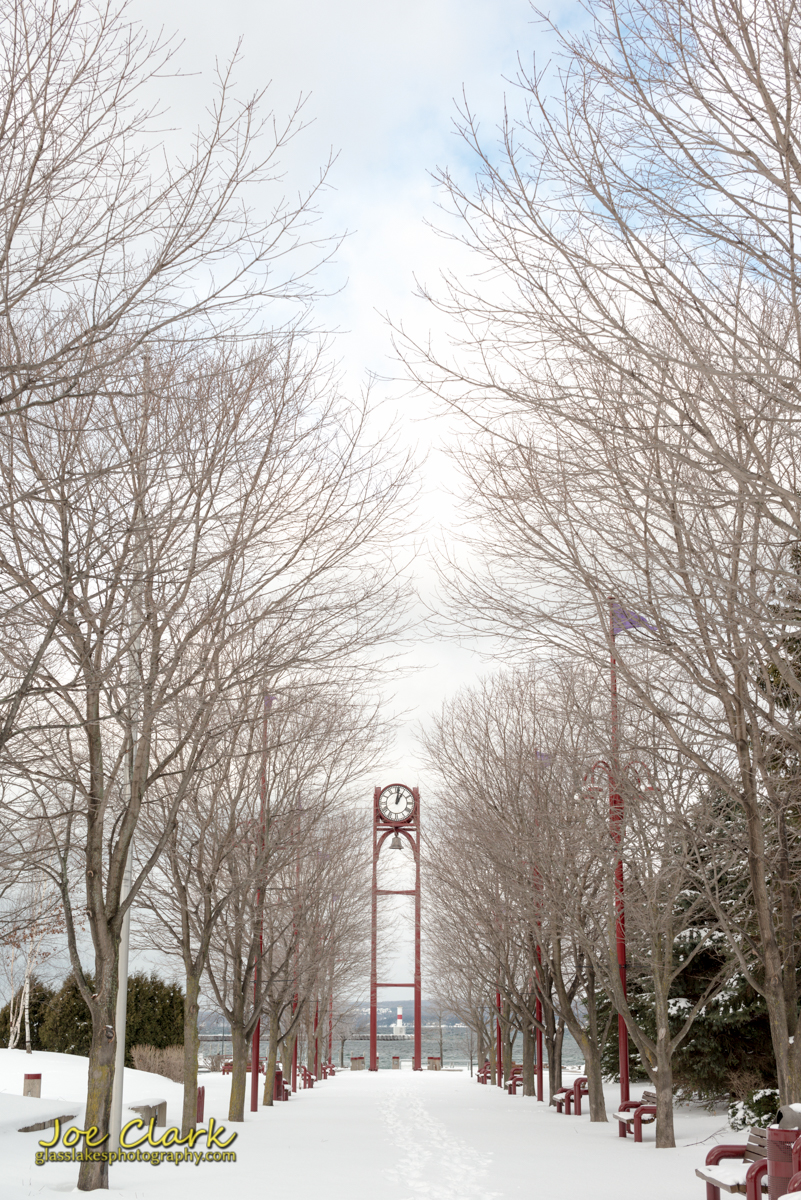 Downtown Petoskey marina park clocktower in winter